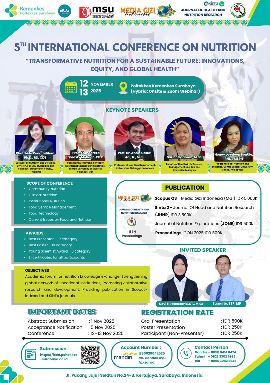 					View Vol. 3 (2025): Spesial Issue 5th International Conference on Nutrition (ICON)
				